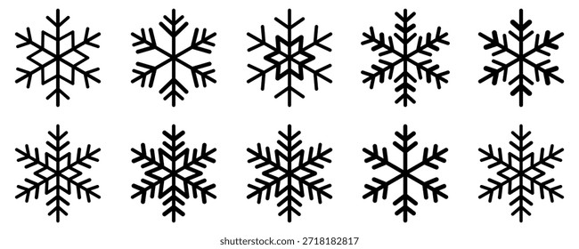 Colección de siluetas negras de copo de nieve en varios estilos geométricos. Patrón de copo de nieve ideal para temas de invierno o diseños de vacaciones. Vector de ilustración de invierno.