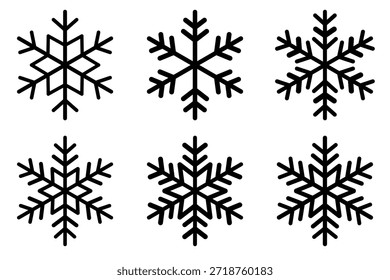 Collection of black snowflake silhouettes in various geometric styles. Winter illustration vector. Black hand-drawn snowflake illustration on a white background.
