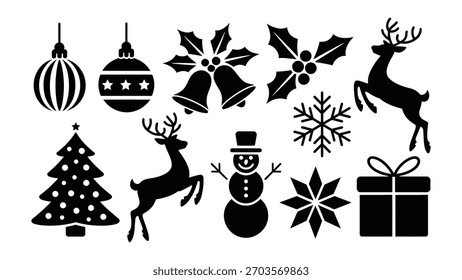 Colección de Navidades sólidas negras que incluyen renos, adornos, hojas de acebo, campanas, copos de nieve, muñeco de nieve, árbol de Navidad, estrella y caja de regalo en un conjunto de diseño de silueta festiva limpia