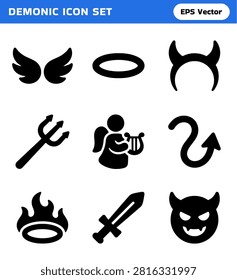 A collection of black solid icons illustrating supernatural elements, including wings, a halo, devil horns, a trident, an angel playing a lyre, a devil's tail, flames, a sword, and a devil's head.