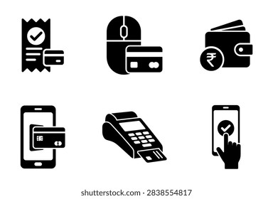 A collection of black solid icons representing online shopping, credit card processing, mobile banking, electronic receipts, and digital wallet transactions for modern business applications.