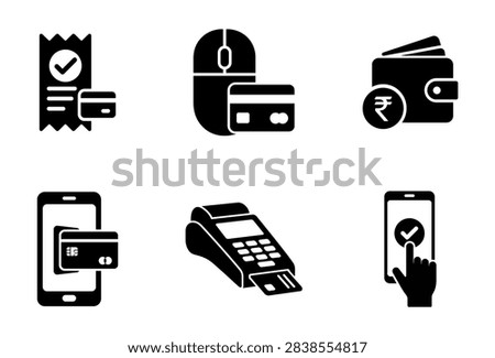 A collection of black solid icons representing online shopping, credit card processing, mobile banking, electronic receipts, and digital wallet transactions for modern business applications.