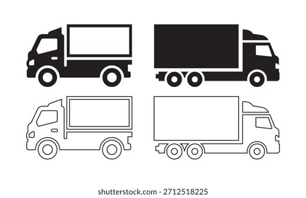 Colección de iconos negros sólidos y contornos con varios camiones de entrega y transporte. Esencial para las necesidades de envío, logística, carga, solución de carga.