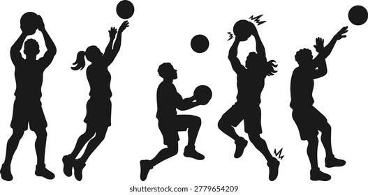 Collection of black solid silhouettes featuring basketball players in action. Set includes male and female athletes demonstrating shooting skills like jump shots, layups, and fadeaway moves.