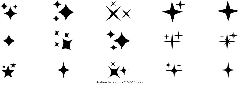 Collection of black solid star shapes and sparkle elements. Includes various starbursts, glimmers, and tiny star clusters. Perfect for adding shine, magic, or emphasis to designs, awards, and festive themes.