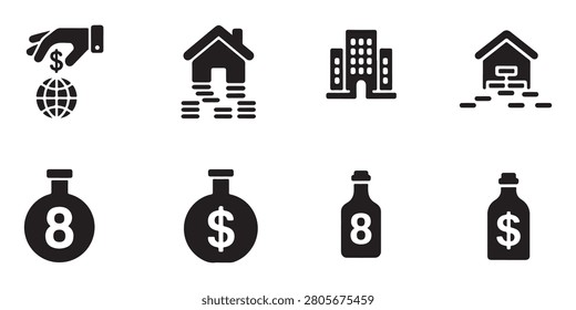 Collection of black solid symbols for mortgage loans, world economy, building development and money storage.