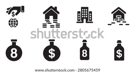 Collection of black solid symbols for mortgage loans, world economy, building development and money storage.