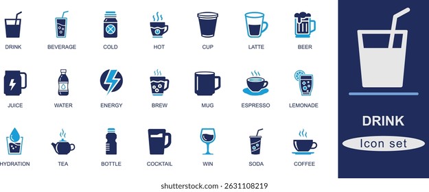 A collection of black solid vector icons featuring popular drink elements like coffee, juice, tea, smoothie, water, cocktail, and more. Perfect for UI, apps, and infographics.