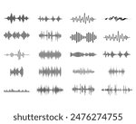 Collection of Black sound waves. Set Abstract music wave, radio signal frequency, and digital voice visualization, fully-editable vector EPS file.