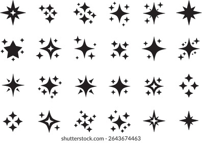 Collection of black sparkle and twinkle star icons in minimal flat design. Vector style star shapes perfect for decoration, highlights, magic effects, UI design, and festive themes.