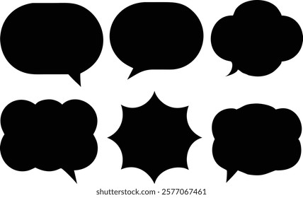 A collection of black speech bubbles, ideal for communication, dialogue, and conversation-themed designs, perfect for social media, messaging apps, and creative projects.

