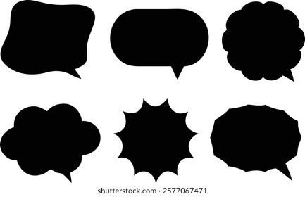 A collection of black speech bubbles, ideal for communication, dialogue, and conversation-themed designs, perfect for social media, messaging apps, and creative projects.

