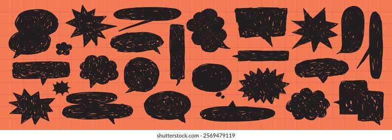 Collection of black speech bubbles on an orange grid background. Various shapes of speech bubbles, perfect for comics, design, and creative projects. Message illustration vector.