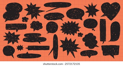 Collection of black speech bubbles on orange grid. Various shapes of speech bubbles. Speech bubbles for comics and design. Speech bubbles illustration. Message illustration vector.