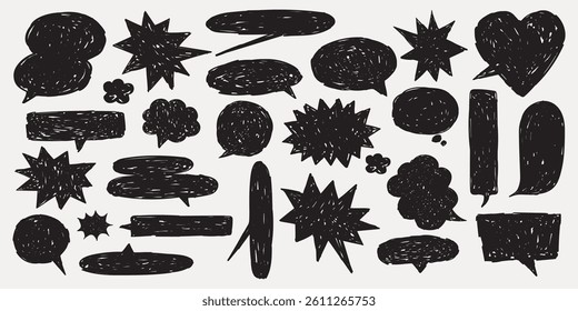 A collection of black speech bubbles and thought clouds in various shapes and sizes, including starbursts and hearts, on a white background. Message illustration vector.