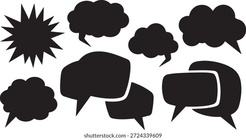 Coleção de bolhas de fala pretas e nuvens de pensamento sobre um fundo branco, várias formas e tamanhos para diálogo e comentário.