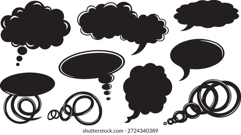 Coleção de bolhas de fala pretas e nuvens de pensamento em um fundo branco para design de diálogo e comunicação.