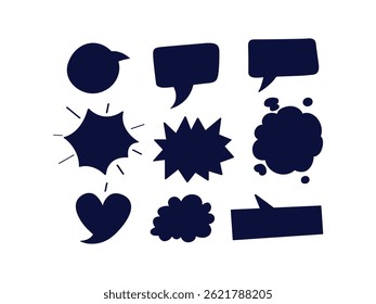 Collection of black speech bubbles in various shapes and styles, vector set ideal for comics, chat design elements, communication themes and graphic projects