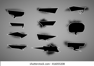 collection of black speech retro bubbles with halftone effect