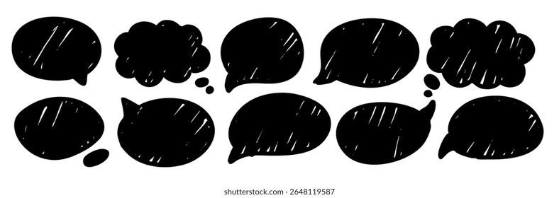 Colección de habla negra y burbujas de pensamiento con textura áspera. Ideal para marcadores de posición de texto, Elementos de comunicación, secciones de comentarios, cómics y propósitos de diseño de mensajes.
