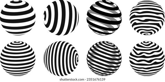 Collection of black spheres with simple patterns. 3d balls set. Green and black geometric elements for design templates, icons, logo. Abstract vector globes pack on the white background.. 10 EPS