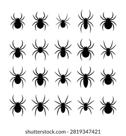 Collection of black spider icons on white, various arachnid silhouettes, creepy crawlies