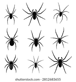 A collection of black spider silhouettes arranged on a white background, presented as a vector illustration. These creepy crawlies are ideal for Halloween designs.