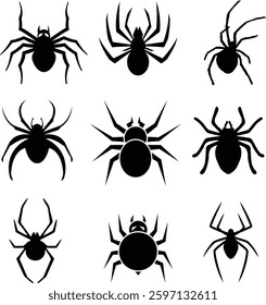 Collection of black spider silhouettes for design and illustration
