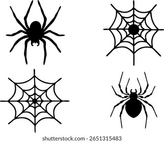 Coleção de ícones de aranha e teia pretas.