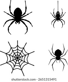 Coleção de ícones de aranha e teia pretas.