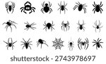 Collection of black spider and spider web silhouettes