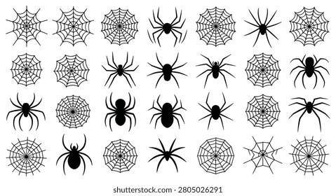 Collection of black spider and spider web silhouettes isolated on a white background featuring various arachnid shapes and circular cobweb patterns for halloween