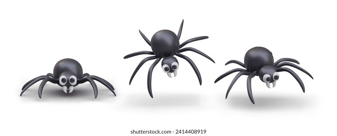 Collection with black spiders in different positions. Cute model of spider for online game. Small insect flying and standing. Vector illustration in 3d style with shadow and white background