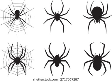Colección de arañas negras y Web en diferentes poses Vector, ilustración
