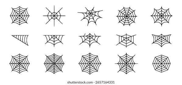 Coleção de ilustrações de teia de aranha preta em várias formas e tamanhos em um fundo branco.