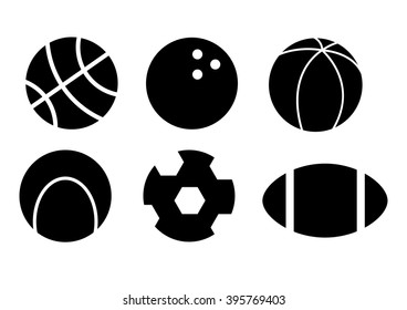 Collection Of Black Sports Balls (football, basketball, tennis ball, rugby ball, bowling ball) Vector Illustration Silhouettes