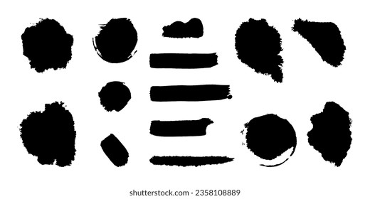 Collection of black spots and brush lines. Elements of creative design in the grunge style. Set of vector brushes.