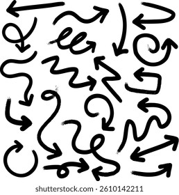 Collection of black spray paint arrows on a white background. Different style of hand drawn arrows for design element. Vector illustration.