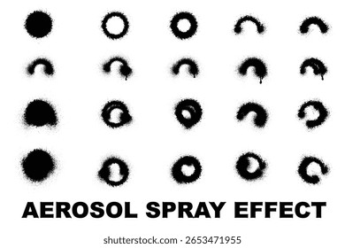 Collection of black spray paint circles and half-circles in graffiti style. Realistic aerosol can spray effect with dripping ink, splatter texture, and urban grunge look.