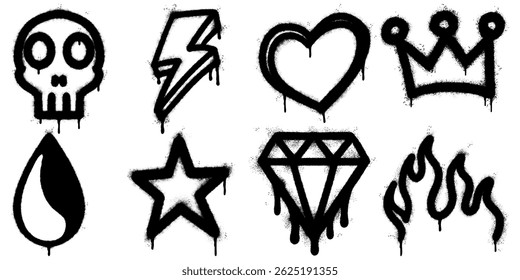 collection of black spray paint graffiti icons including lightning bolt, heart, crown, diamond, skull, star, drop, and flame.