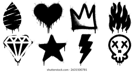 collection of black spray paint graffiti icons including lightning bolt, heart, crown, diamond, skull, star, drop, and flame.