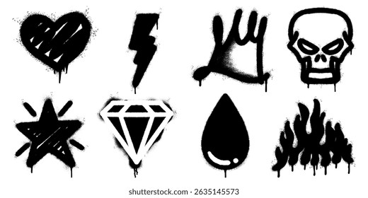 collection of black spray paint graffiti icons including lightning bolt, heart, crown, diamond, skull, star, drop, and flame.