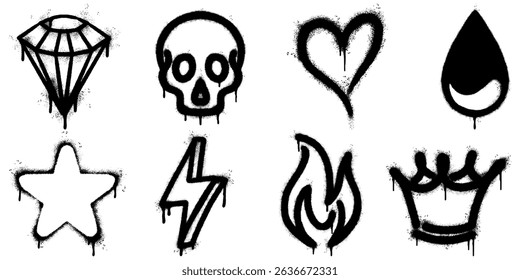 collection of black spray paint graffiti icons including lightning bolt, heart, crown, diamond, skull, star, drop, and flame.