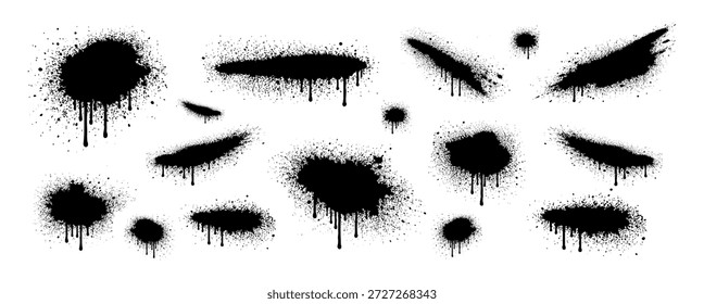 Colección de salpicaduras y goteos de pintura en aerosol negro. Grunge graffiti manchas de tinta y manchas aisladas sobre fondo blanco.