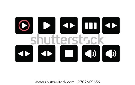 Collection of black square media player control icons including play, stop, rewind, fast forward, and volume.