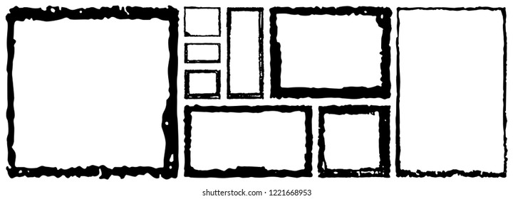 Collection of black square and rectangular grunge frames with torn, damaged edges. Set of hand draw ink empty borders. Vector illustration. 