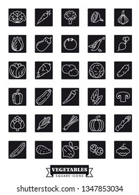 Collection of black square vegetables line icons vector illustration