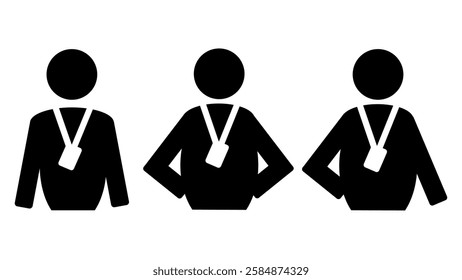 Collection of black staff icons, set of people with identification cards for entry, silhouettes of workers or assistants at work with neckband badge