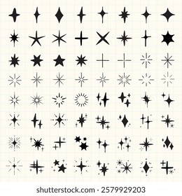 Collection of black star icons on a grid. Various star shapes,designs, and patterns. Perfect for star-themed projects and illustrations. Element vector set.