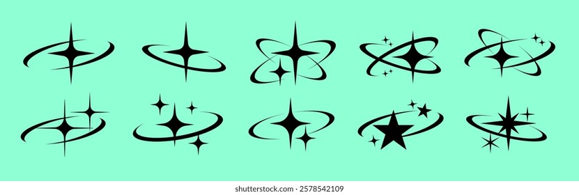 Collection of black star icons with swirling lines on a green background. Stars and swirls create dynamic star patterns. Various star and swirl designs. Element vector set.